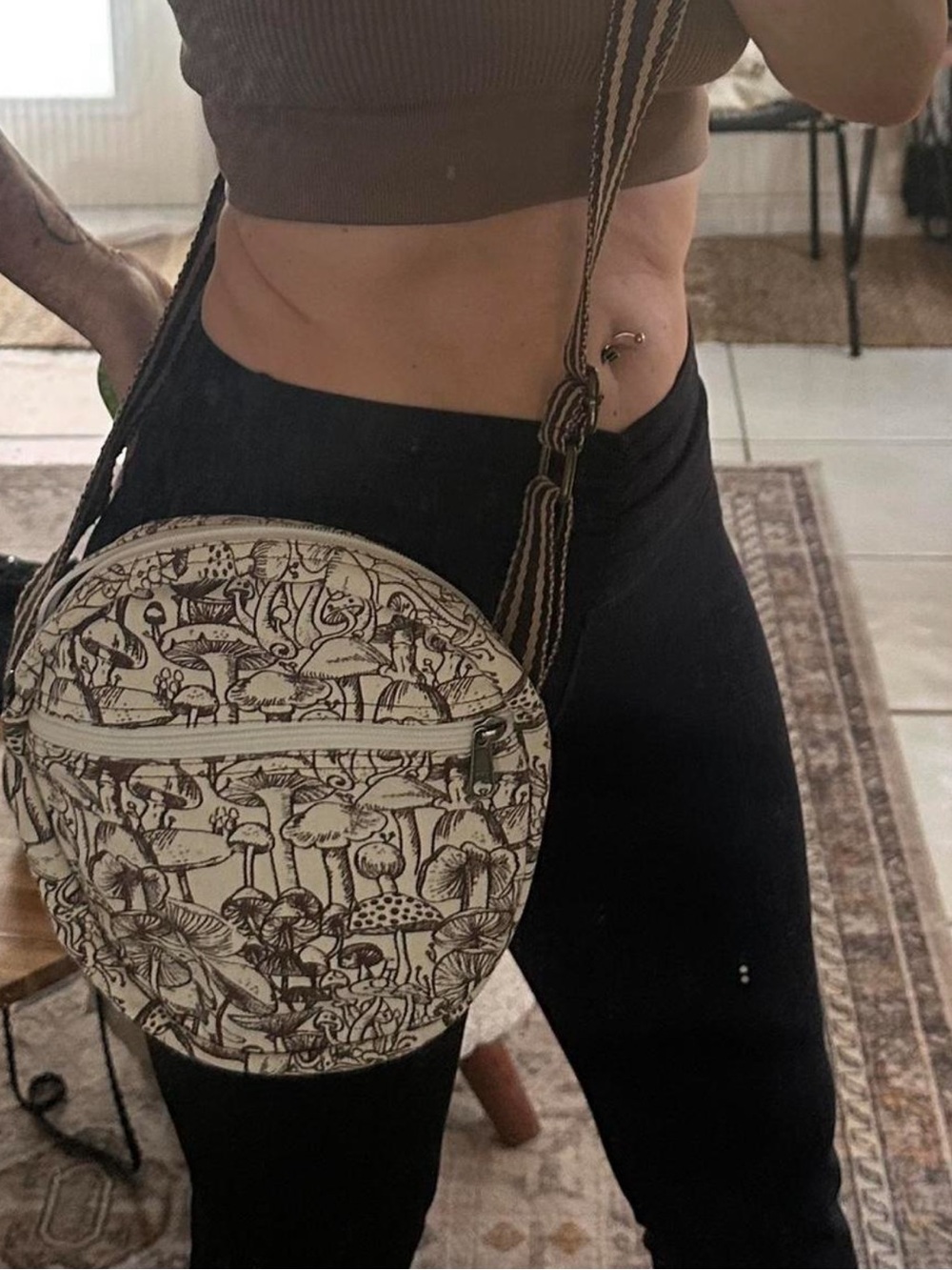 Canvas Round Crossbody Bag with Botanical Mushroom Print - Beige/Brown